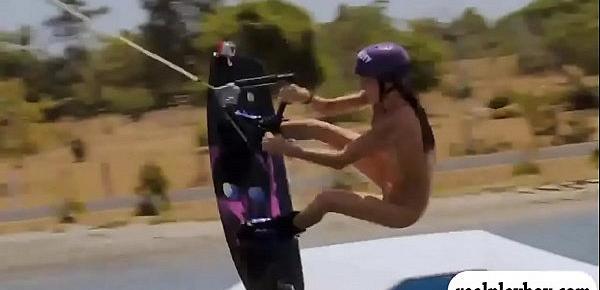  Pretty badass women try out wake boarding while all naked